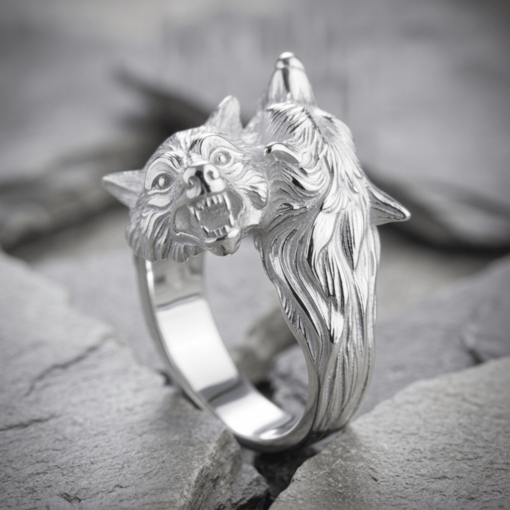 925 Sterling Silver Double Wolf Head Ring - Handcrafted, Unisex