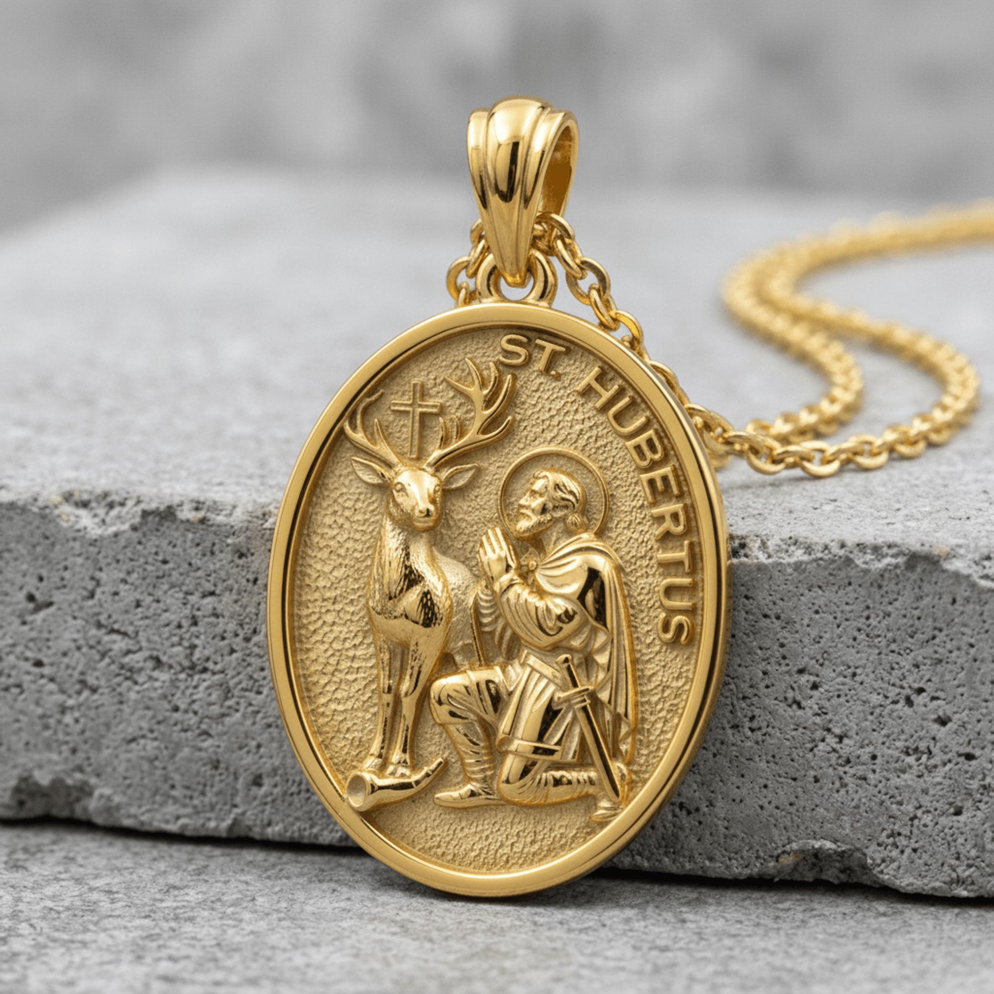 Saint Hubert Medal Gold Vermeil, Catholic Hunting Patron Pendant