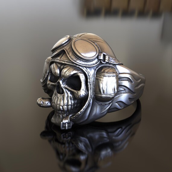 Pilot Skull Ring, Aviator Inspired 925 Sterling Silver Jewelry 