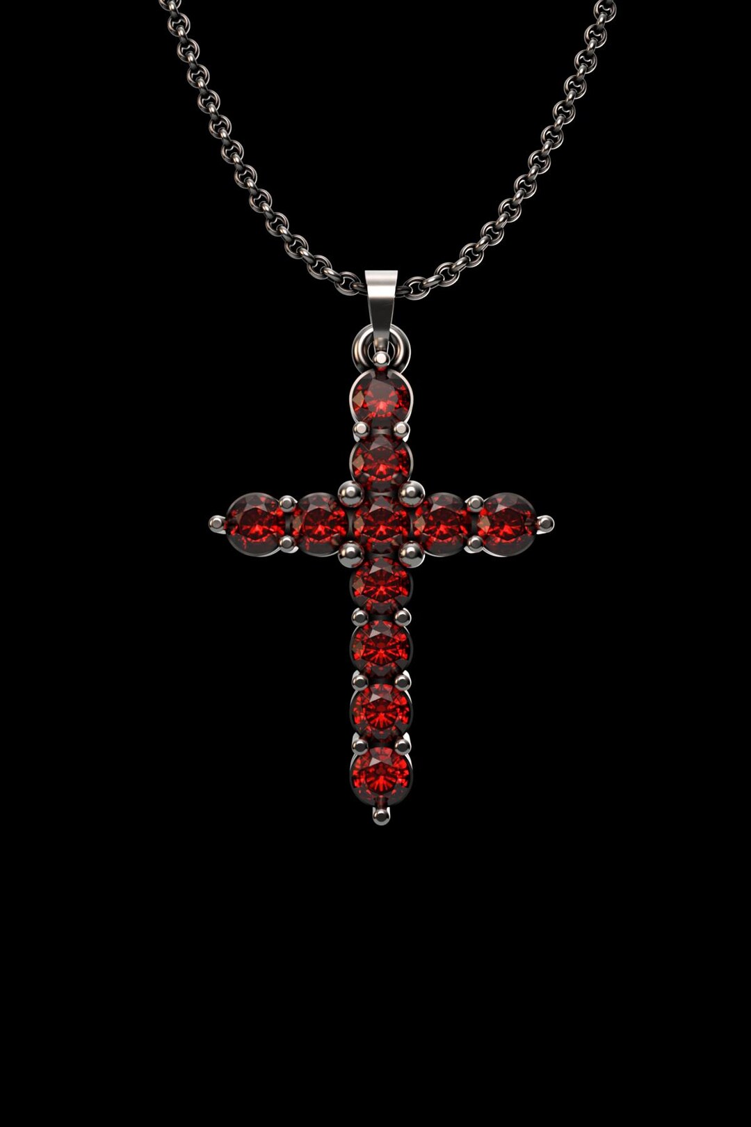 Ruby Cross Necklace Sterling Silver 925, Red CZ Crystal Cross