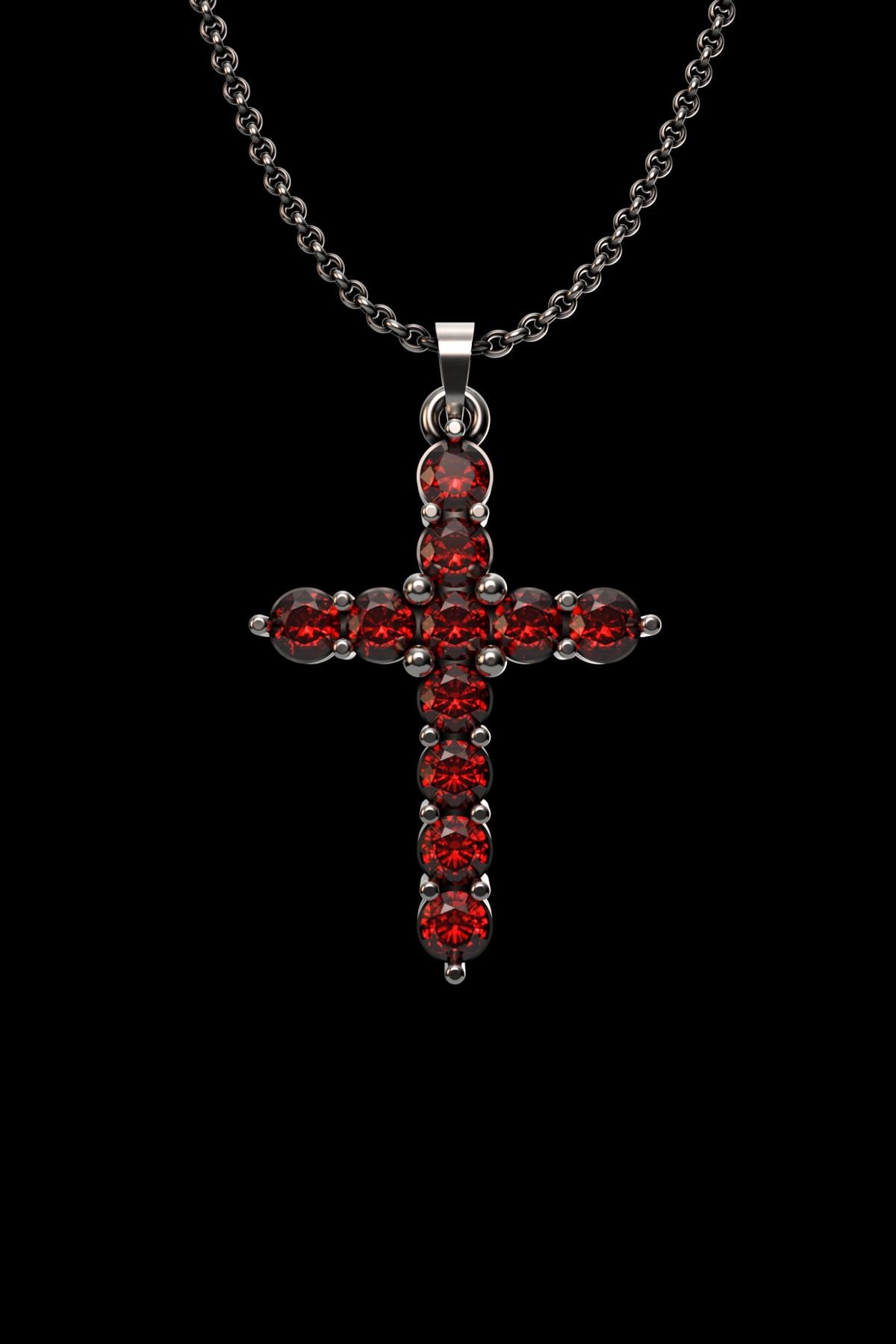 Ruby Cross Necklace Sterling Silver 925, Red CZ Crystal Cross