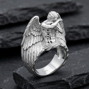 Bague ange pleureur, argent sterling 925 or vermeil, anneau sculpture ange déchu, bijoux gothiques pour homme Polished Silver