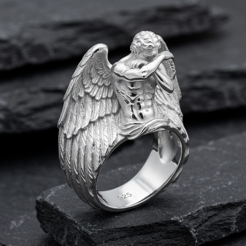 Bague ange pleureur, argent sterling 925 or vermeil, anneau sculpture ange déchu, bijoux gothiques pour homme Polished Silver