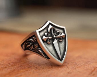 Templar Cross Shield Ring 925 Sterling Silver | Handcrafted Medieval Knight Shield | Sacred Protection Jewelry | Religious Statement Ring
