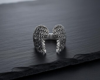 Angel Wings Ring 925 Sterling Silver Oxidized Finish Feather Statement Band Unisex Biker Jewelry