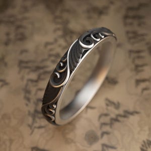 Carved Leaf Motif Promise Ring For Him, Oxidized Rococo Ornament Mens Wedding Band Ring in Sterling Silver, Floral Engagement Ring For Men