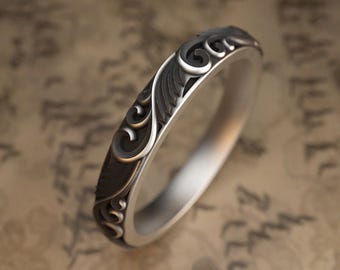 Carved Leaf Motif Promise Ring For Him, Oxidized Rococo Ornament Mens Wedding Band Ring in Sterling Silver, Floral Engagement Ring For Men