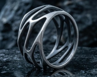 Parametric Design Handmade Sterling Silver Men Brutal Ring, Silver Men Wedding Ring, Men Wedding Band, Ornament Men Ring Minimalist Ring