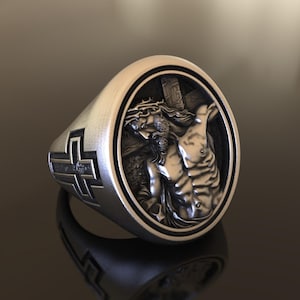 Anillo de sello con la Corona de Espinas de Jesucristo, cruz de crucifixión en plata de ley 925, joyería religiosa espiritual, regalo cristiano hecho a mano.