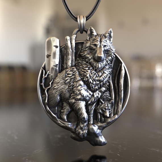 Ciondolo collana lupo 3D con pietra di luna, gioielli animali potenti