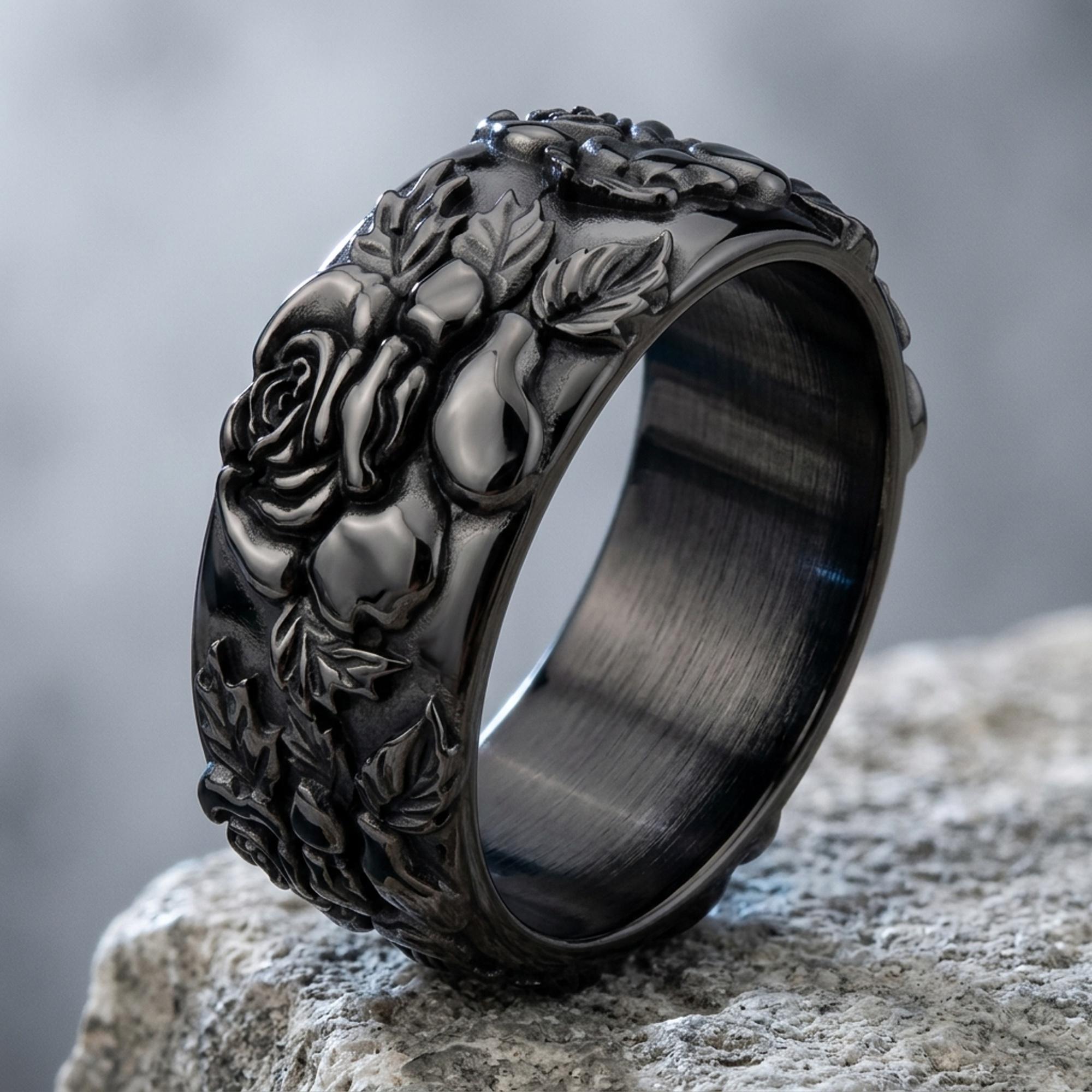 Rose Flower Engagement Ring, Nature Inspired Mens Wedding Band