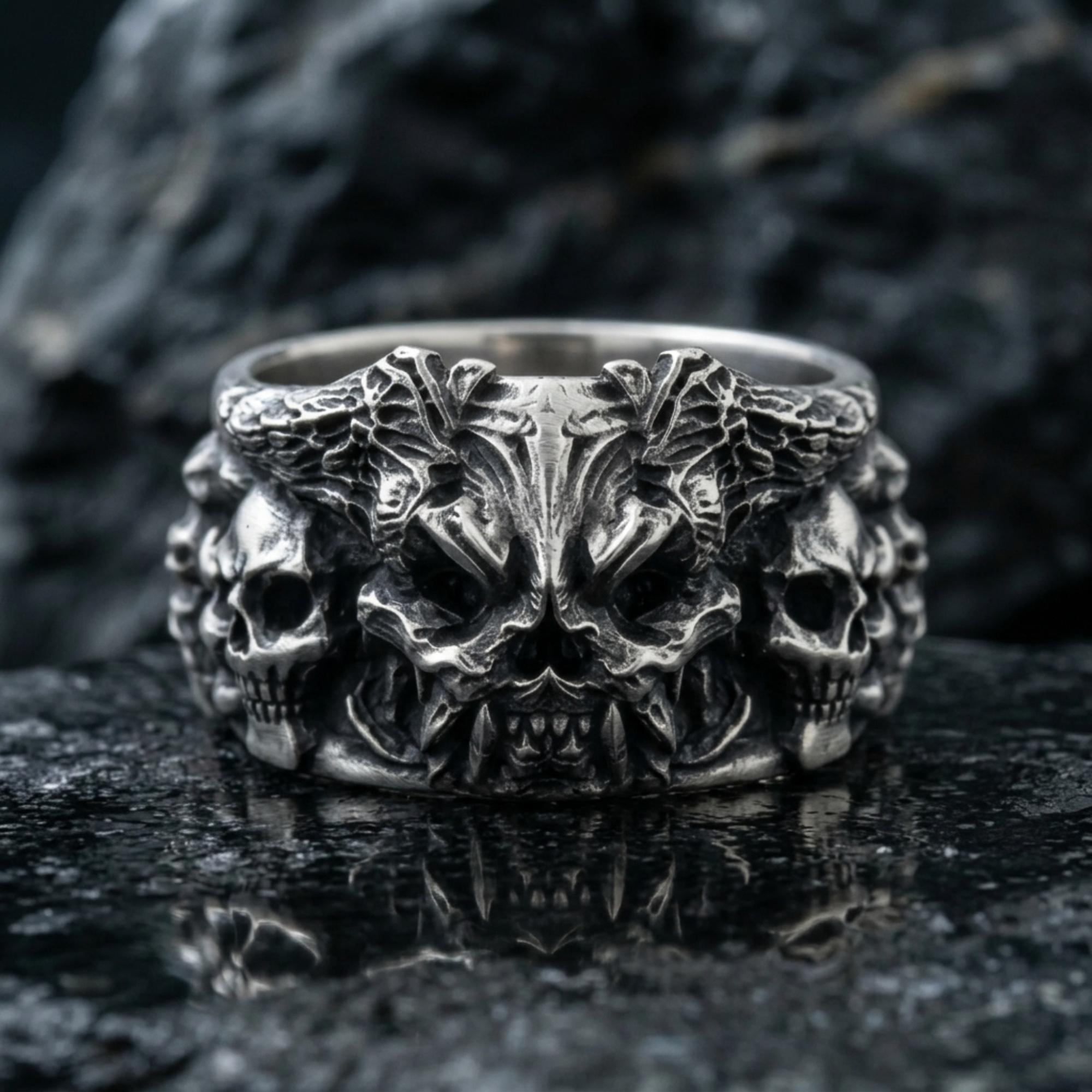 Demon Skull Ring 925 Sterling Silver Gothic Design Handmade