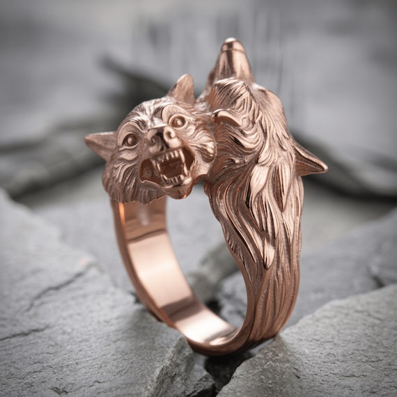 925 Sterling Silver Double Wolf Head Ring - Handcrafted, Unisex