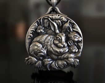 Rabbits Family Themed 925 Sterling Silver Necklace - Unique Bunny Lovers Jewelry - Perfect Gift for Animal Enthusiasts and Family Admirers