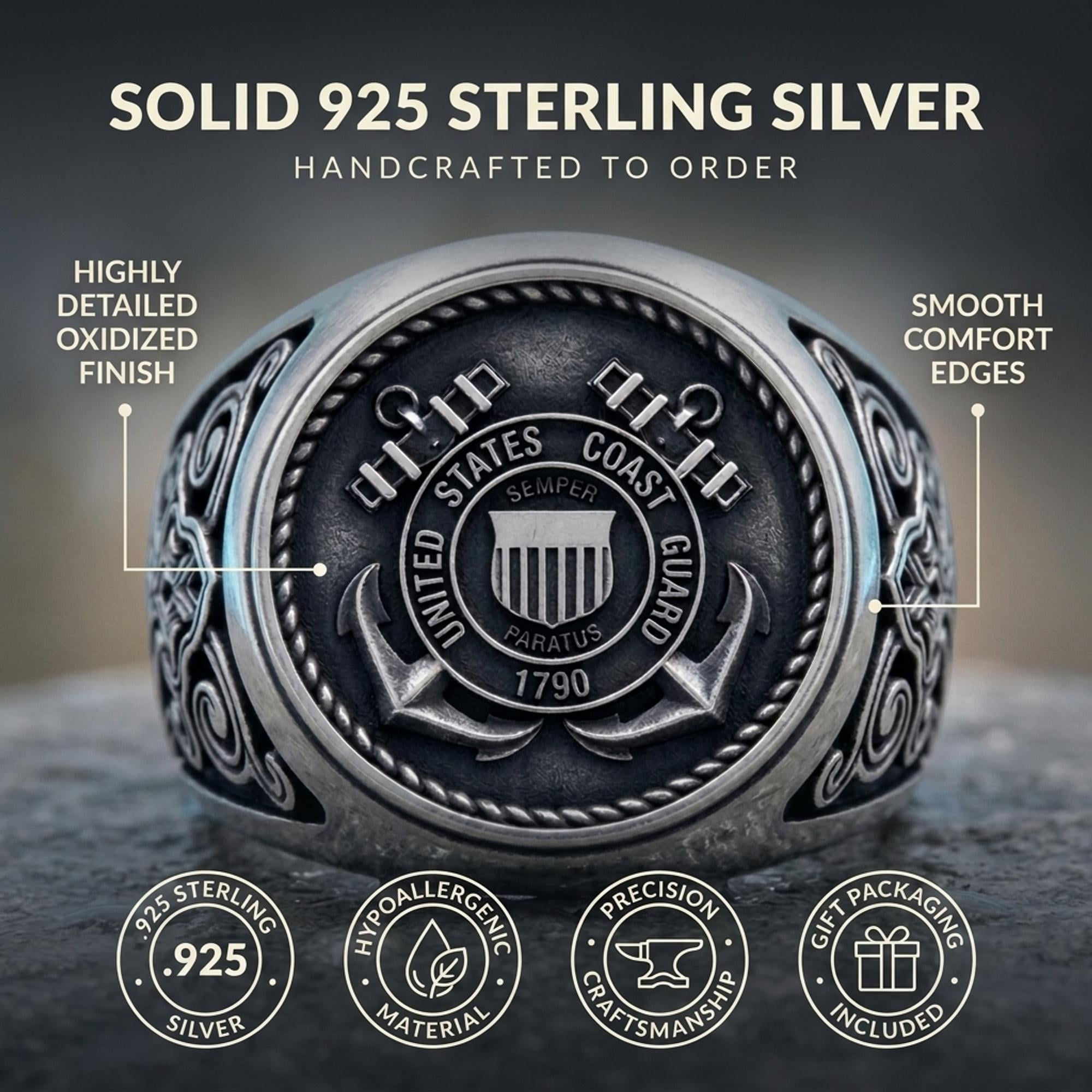 925 Sterling Silver USA Coast Guard Ring Nautical Tribute