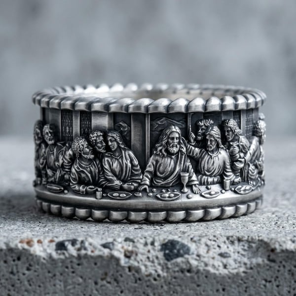 Last Supper Ring 925 Sterling Silver Religious Band Jesus Christ Apostles Statement Ring Handcrafted Biblical Jewelry Gift