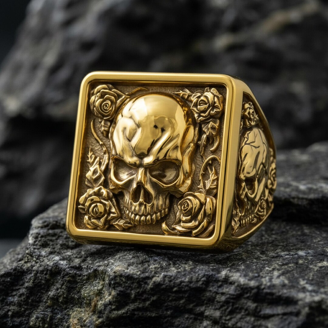 Skull and Roses Square Signet Ring 925 Sterling Silver Gold Vermeil ...