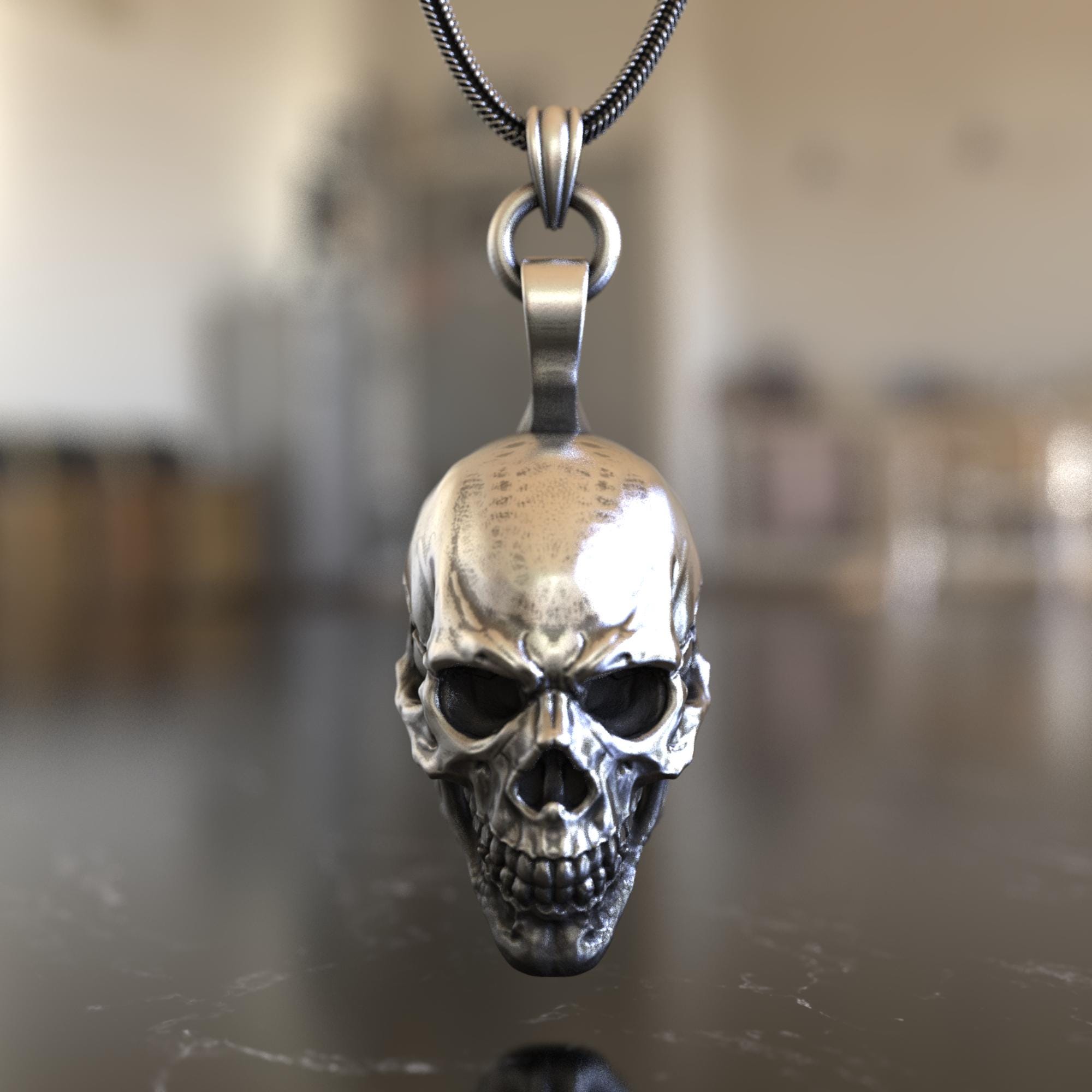 925 Sterling Silver Skull Pendant Necklace, Gothic Biker Style