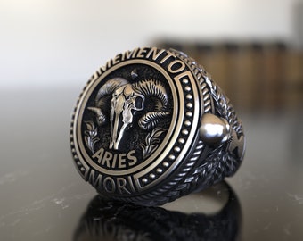 Aries Signet Ring, Memento Mori Men Ring, Zodiac Ring - 925 Sterling Silver, Handcrafted Astrology-Inspired Jewelry, Perfect Gift for Aries