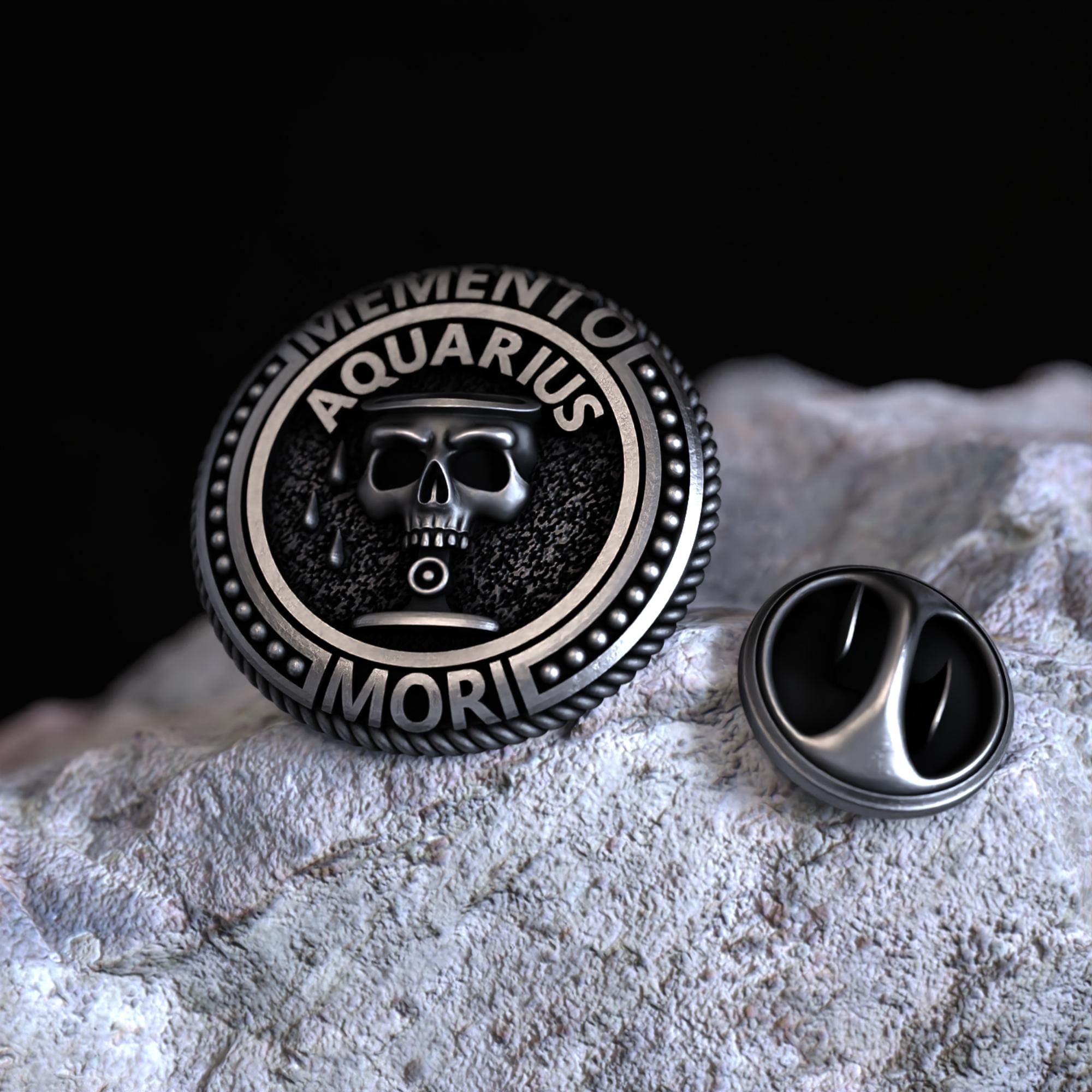 Aquarius Memento Mori Skull Zodiac Symbol Lapel Pin 925 Sterling Silver Detailed Badge Vintage Inspired Horoscope Unique Gift