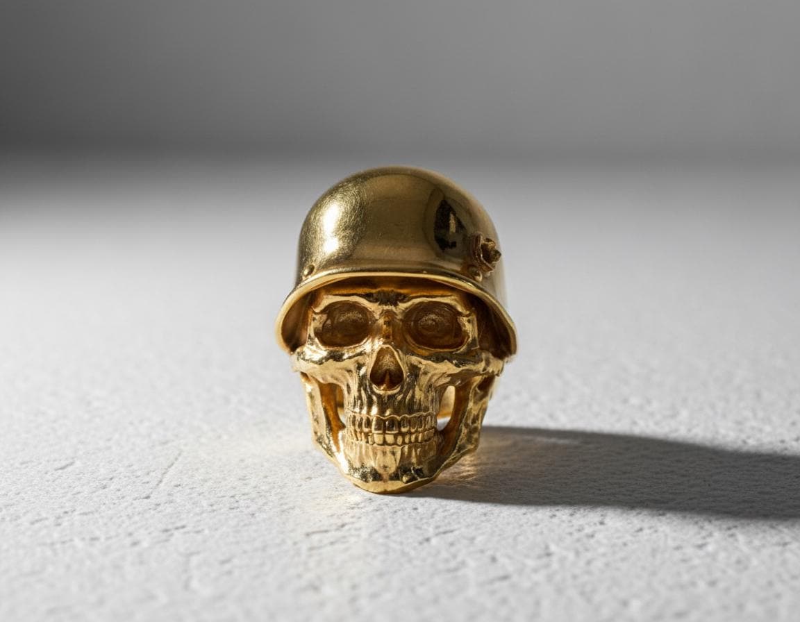 Soldier Skull Ring Gold Vermeil 925 Silver Military Helmet Skull