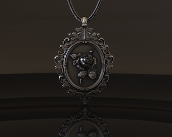 Baroque Frame Rose Pendant, Rose Necklace, Rose Medallion, Sterling Silver Pendant, Silver Rose Necklace, Sterling Silver Necklace