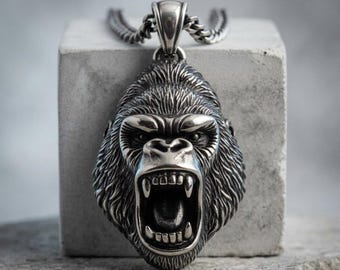 咆哮するゴリラの頭部ペンダントネックレス 925スターリングシルバー製