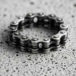 Puede incluir: Un anillo circular construido con eslabones metálicos interconectados que se asemejan a una cadena de bicicleta. El anillo presenta un acabado plateado oscuro cepillado con remaches visibles y segmentos individuales en una banda.