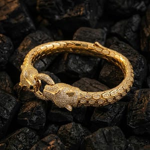 Python Scale and  Panther Head Bracelet 925 Sterling Silver Gold Plated, Handcrafted Luxury Accessory