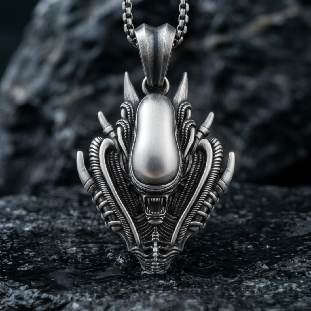 925 Sterling Silver Biomechanical Alien Pendant Oxidized Finish Sci-fi ...
