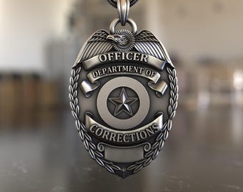 Correctional Officer Badge Pendant Necklace in 925 Sterling Silver, Department of Corrections Shield Necklace with Star Emblem