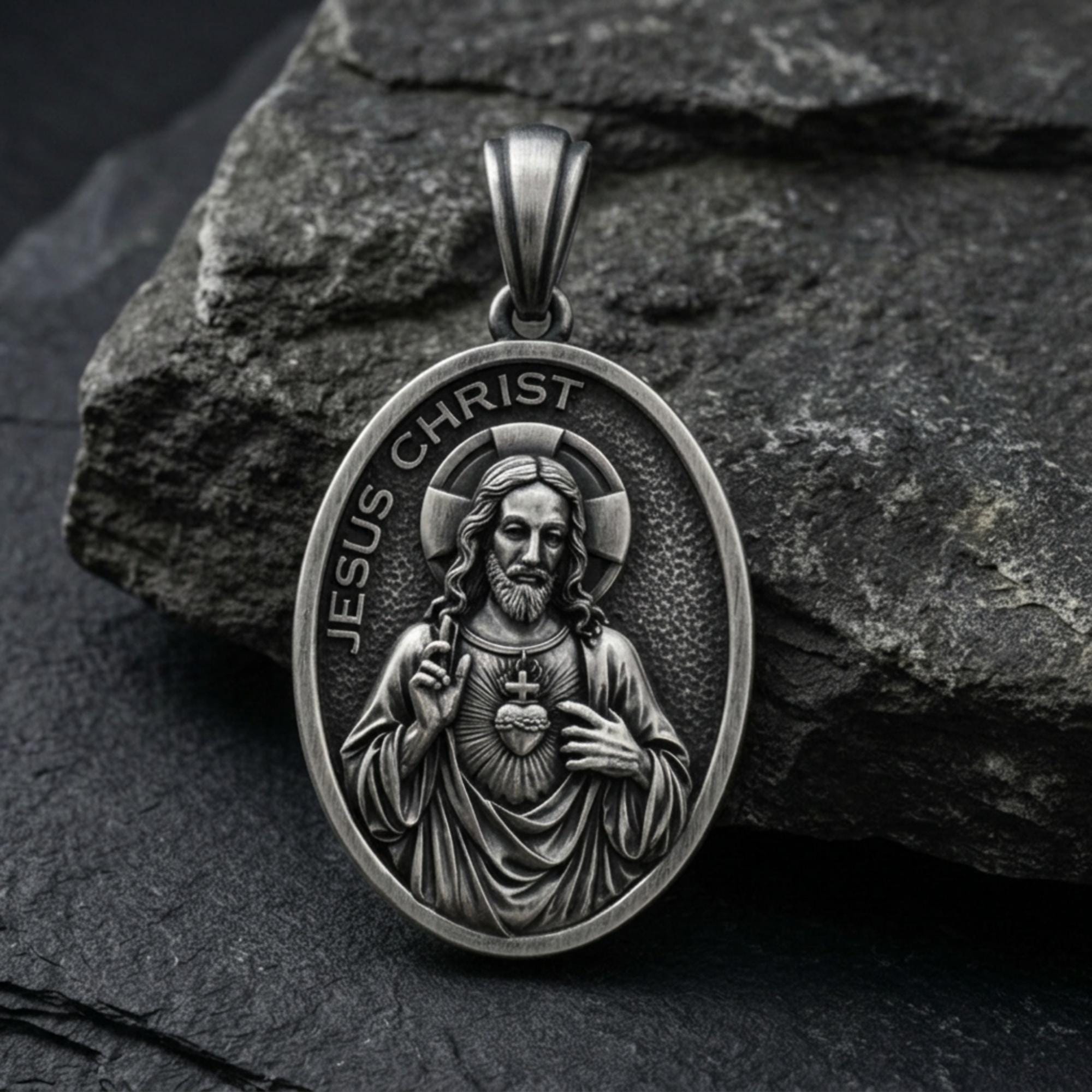 Sacred Heart of Jesus Christ Medallion Pendant 925 Sterling Silver ...