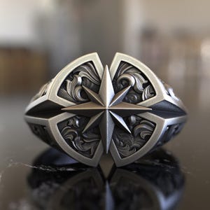925 Sterling Silver Windrose Ring – North Star Compass Traveler Signet – Navigational Symbol & Adventure Inspired Jewelry