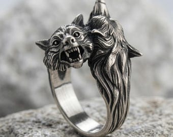 Doppelter Wolfskopfring aus 925er Sterlingsilber – Handgefertigt, Unisex, Symbol für Stärke und Treue, perfektes Geschenk für Naturliebhaber