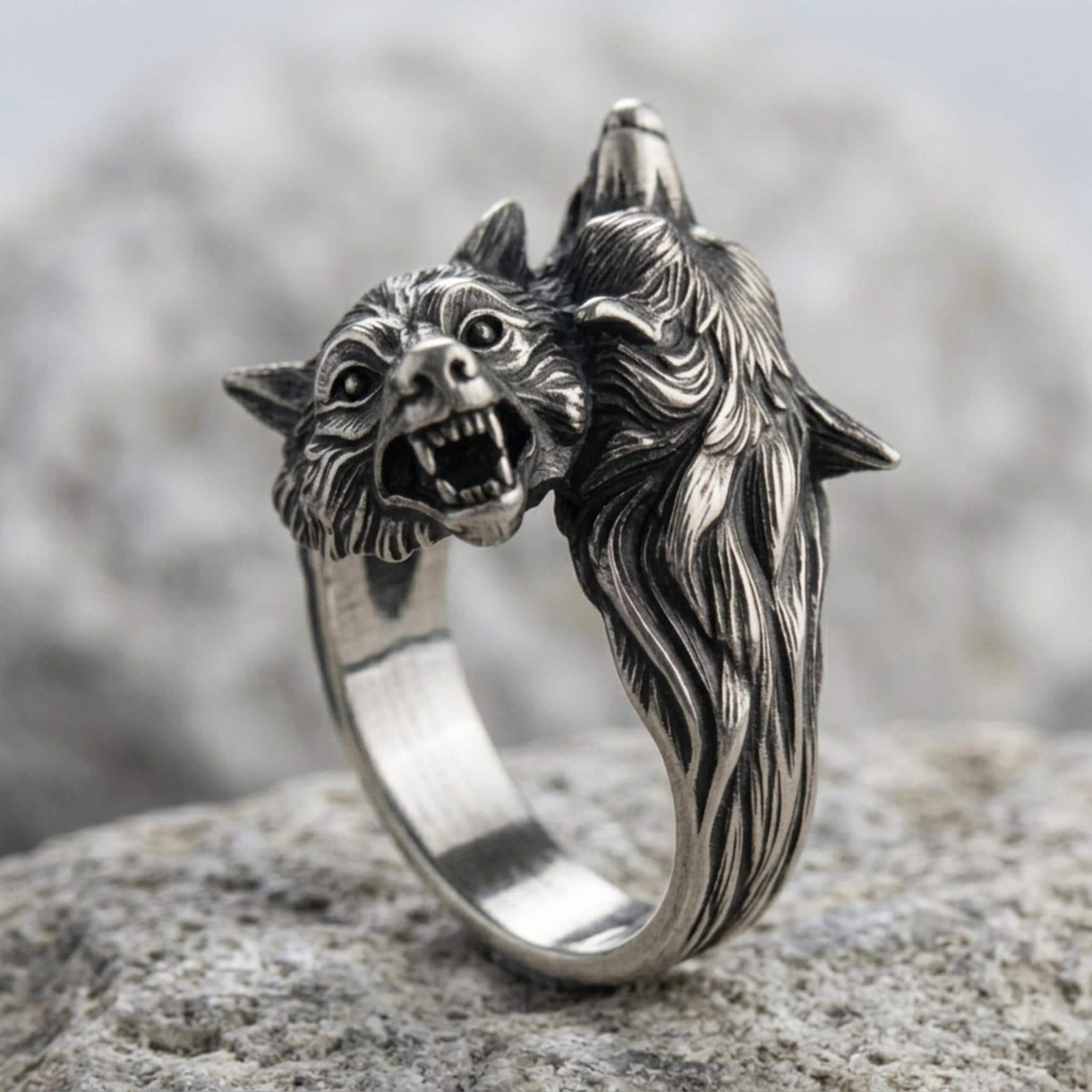 925 Sterling Silver Double Wolf Head Ring - Handcrafted, Unisex