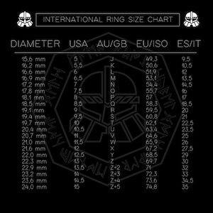 May include: A black and white chart showing international ring sizes. The chart includes the ring diameter in millimeters, the corresponding US, AU/GB, EU/ISO, and ES/IT ring sizes.