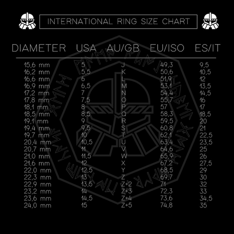 May include: A black and white chart showing international ring sizes. The chart includes the ring diameter in millimeters, the corresponding US, AU/GB, EU/ISO, and ES/IT ring sizes.