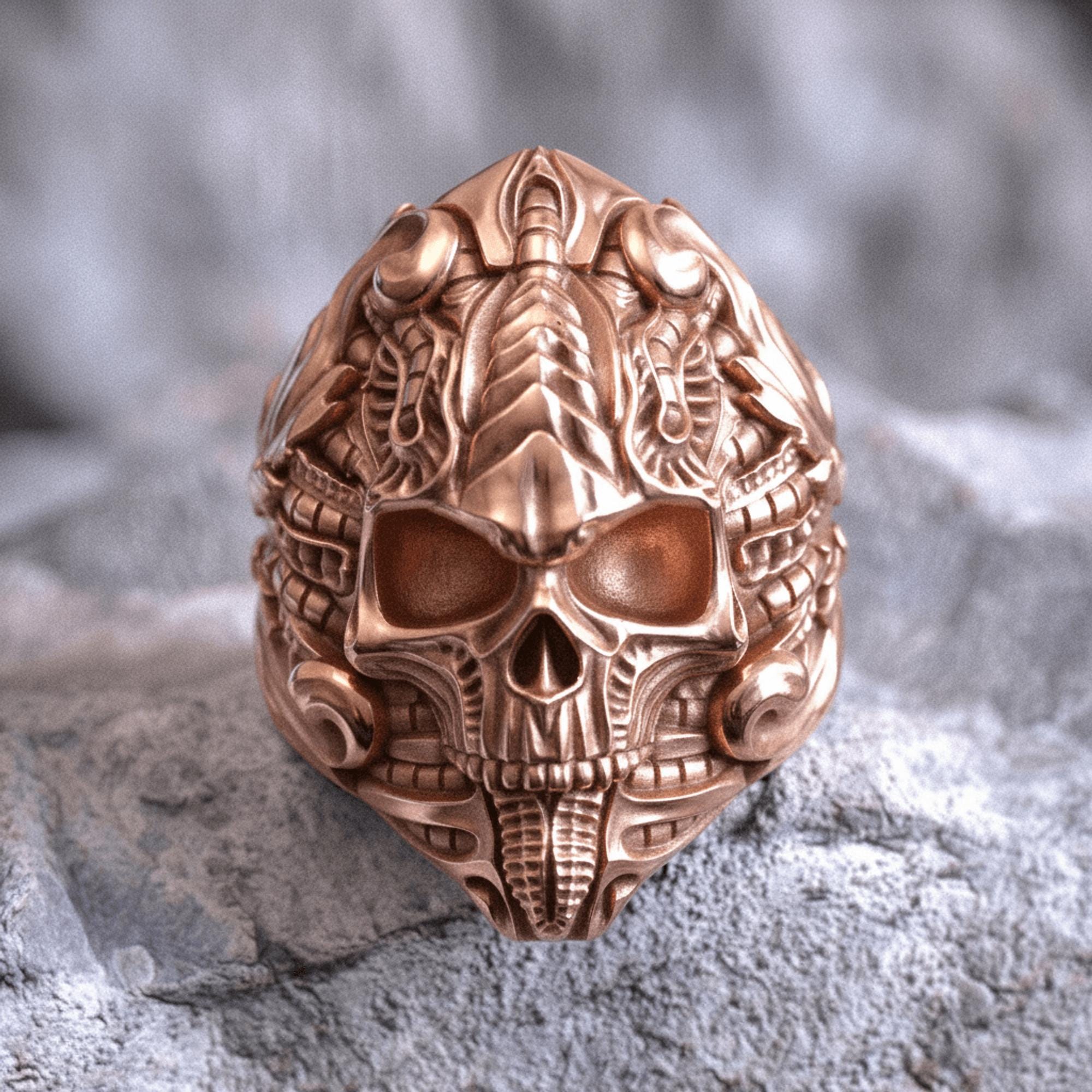 Biomechanical Skull Ring, HR Giger Inspired, 925 Sterling Silver
