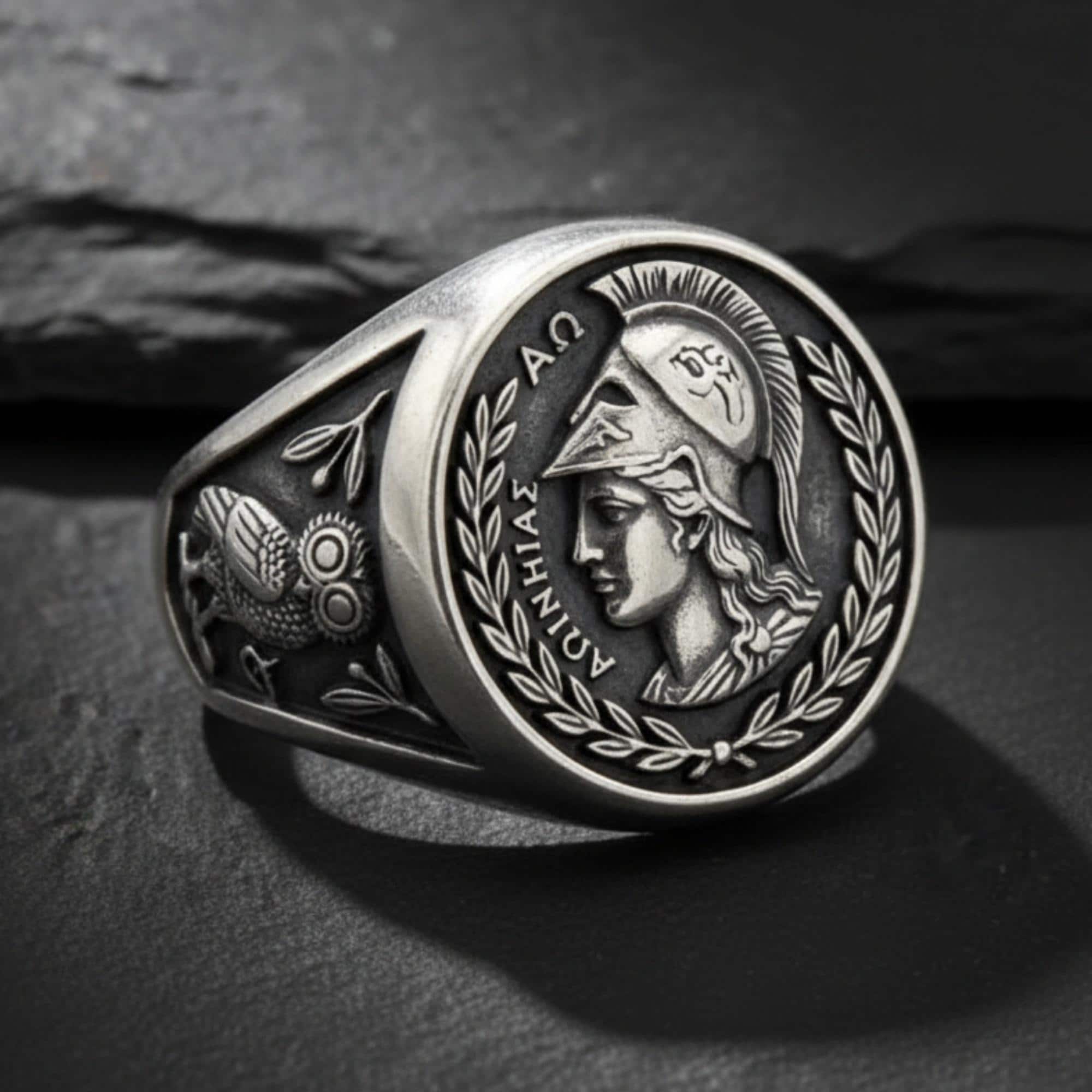 Goddess Athena Owl Ring 925 Sterling Silver Ancient Greek Coin Signet Oxidized Finish Mythology Jewe