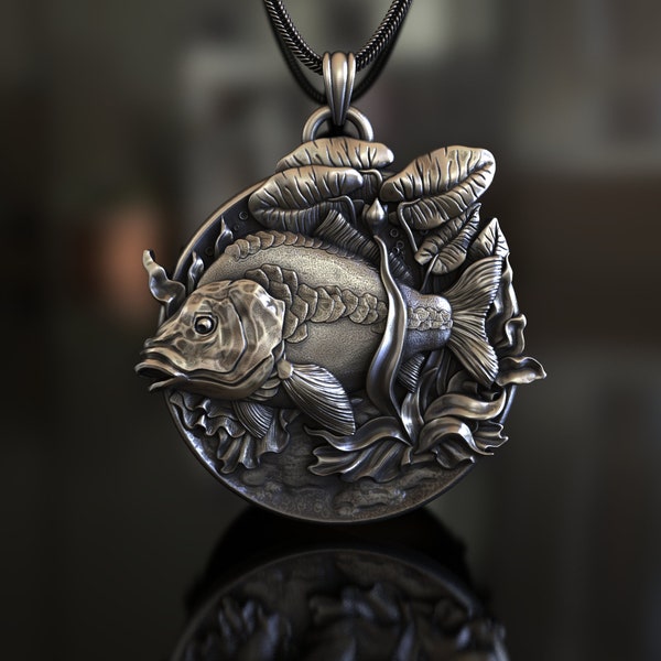 925 Sterling Silver Necklace, Carp Swim in Pond Theme, Handmade Aquatic Inspired Jewelry, Unique Statement Piece, Collectible Fish Accessory