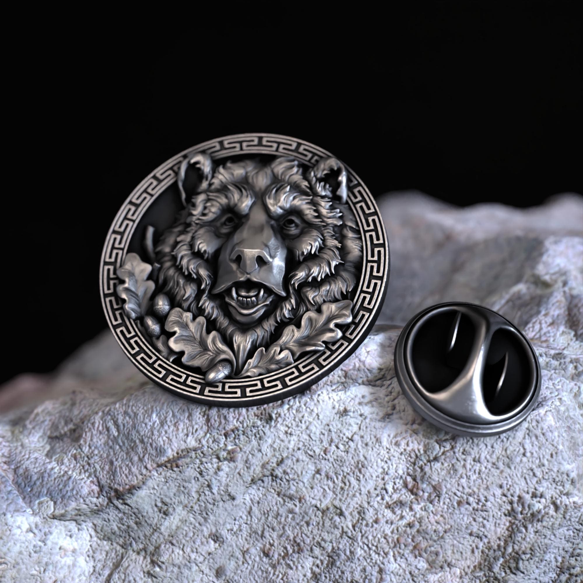 Handcrafted Bear Head Lapel Pin, 925 Sterling Silver, Nature
