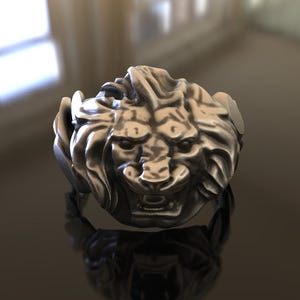 Chunky Lion Curb Chain Signet Ring, 925 Sterling Silver Cuban Link Pinky Ring, Unisex Animal Biker Jewelry, Handmade Gift for Him, Silver