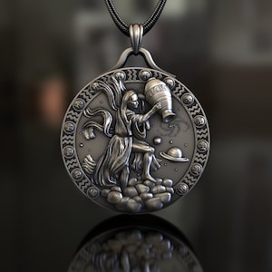 Wisiorek ze znakiem zodiaku Wodnik, srebro próby 925, ręcznie robiona biżuteria inspirowana astrologią, symbol unisexowej innowacji i oryginalności, unikatowy egzemplarz
