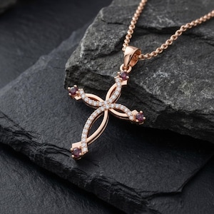 Roséguldpläterad oändlighetskorshänge 925 sterlingsilver rubin diamantberlock religiöst halsband gåva