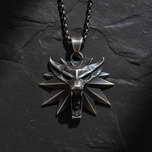 Wolf School Medallion 925 Sterling Silver Necklace Witcher Pendant Fantasy RPG Gaming Jewelry Gift Men