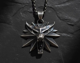 Wolf School Medallion 925 Sterling Silver Necklace Witcher Pendant Fantasy RPG Gaming Jewelry Gift Men