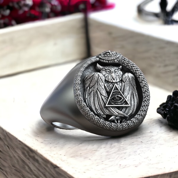 925 Silver Signet Ouroboros Snake, Owl, Masonic Eye of Providence Fusion, Handcrafted Illuminati  Freemasonry Symbols, Men's Statement Piece