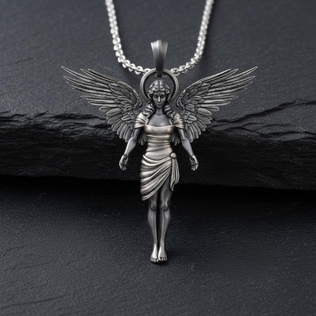 Guardian Angel Pendant 925 Sterling Silver Oxidized Finish Winged