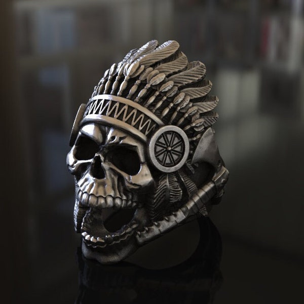 Indian Chief Skull Silver Ring - Adjustable, Unisex, Tribal-Inspired Jewelry - Unique Gift for Bikers, History Buffs, Fans of Native Culture