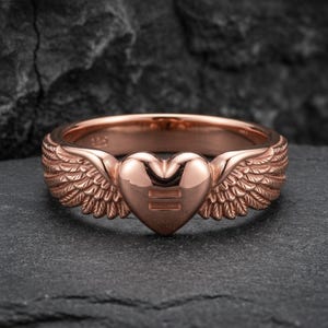 Equality Angel Wings Heart Ring in 925 Sterling Silver, Oxidized Gothic Band, Handcrafted Gift Rose Plated Silver
